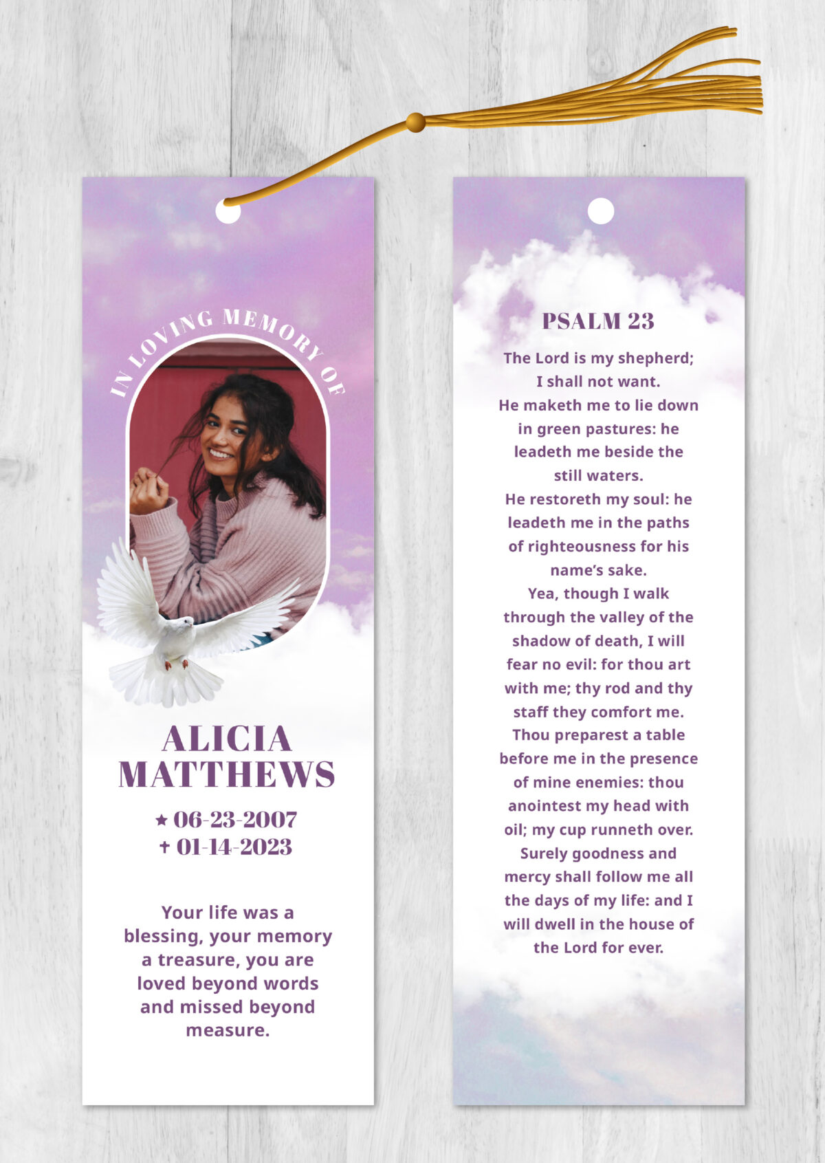 Funeral Bookmark Printing Purple Clouds