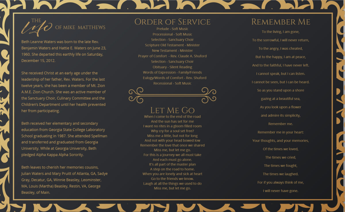 Black And Gold Trifold Funeral Program