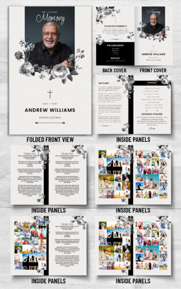 Black and White Roses Funeral Program