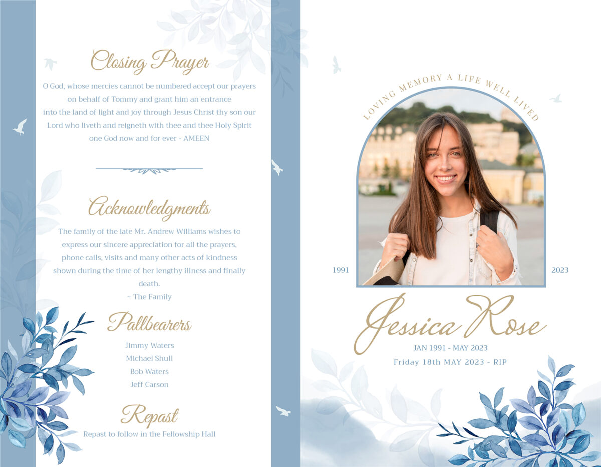 Blue Flower Birds Funeral Memorial Program