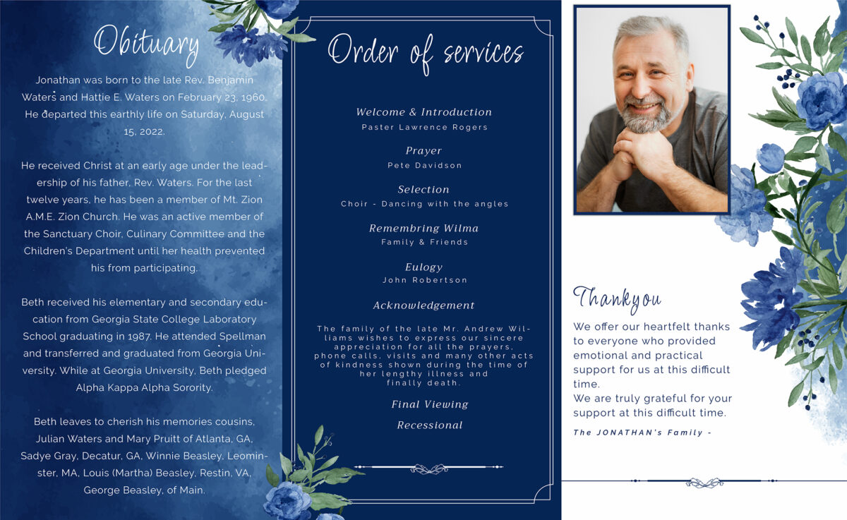 Blue Flowers Watercolor Funeral Program