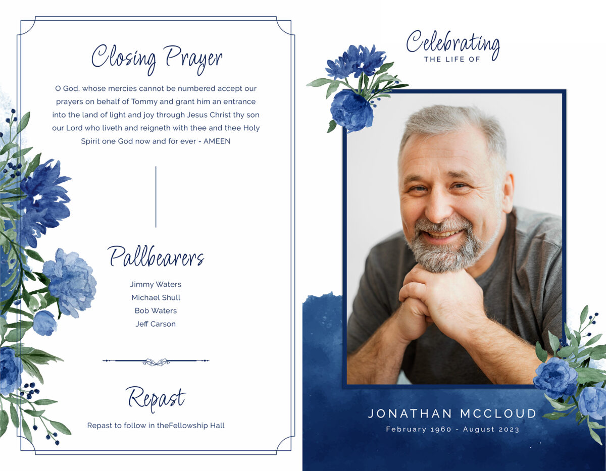 Blue Flowers Watercolor Funeral Program