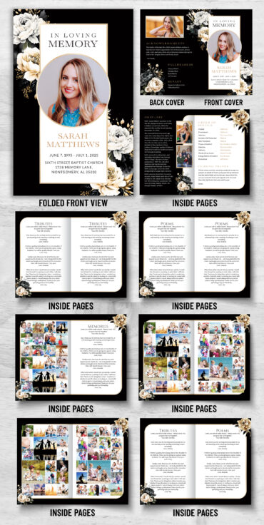 Black White Gold Roses Funeral Program