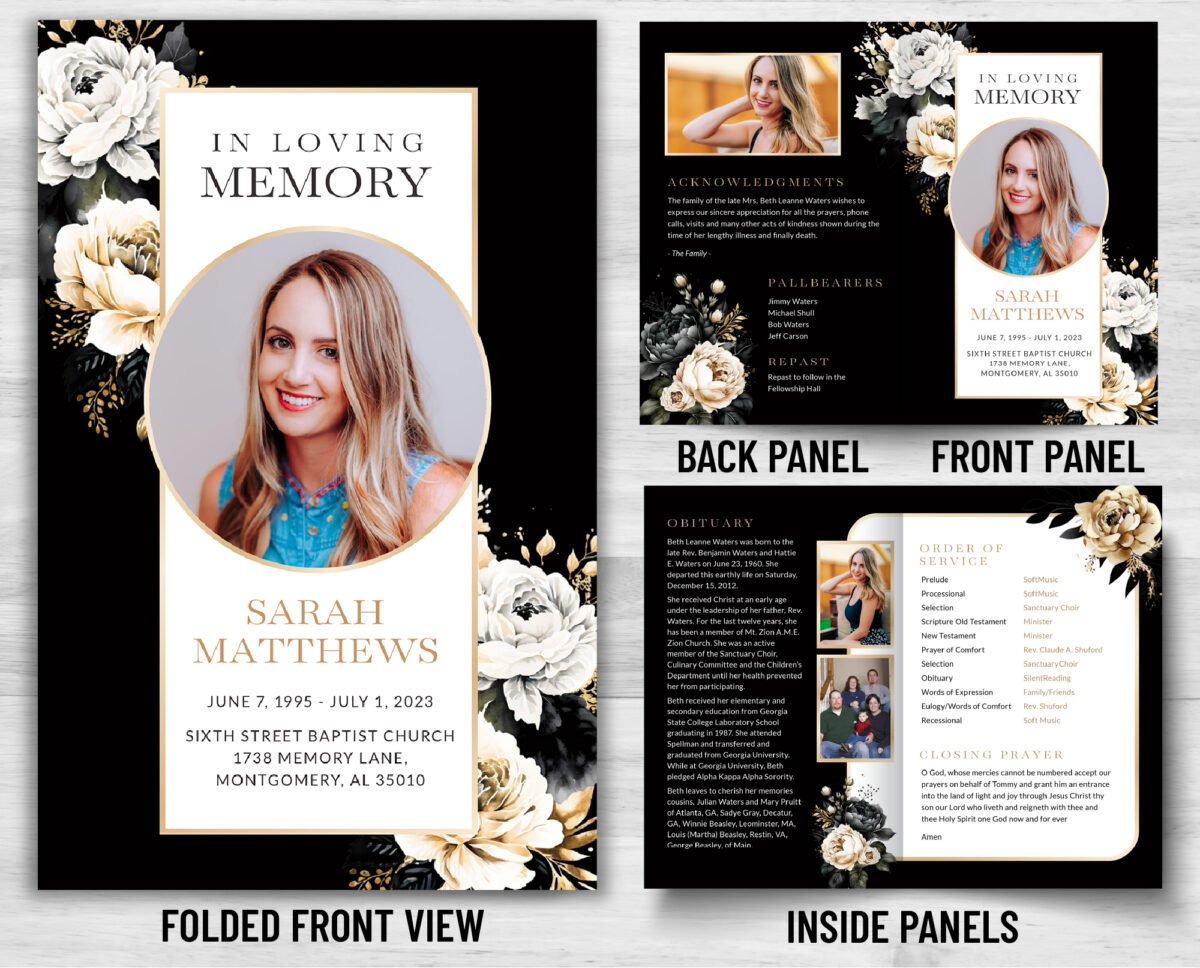 Black White Gold Roses Funeral Program