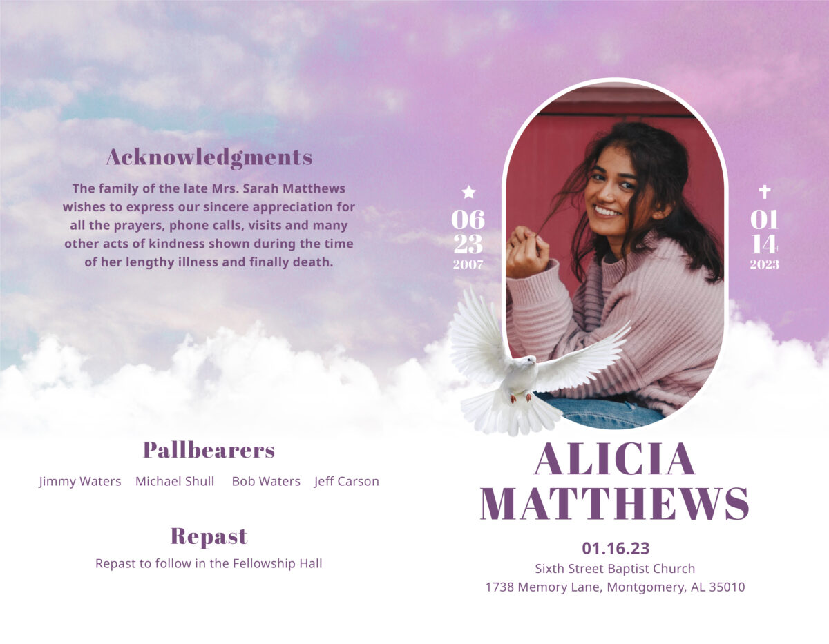 Pink Clouds Dove Funeral Memorial Program