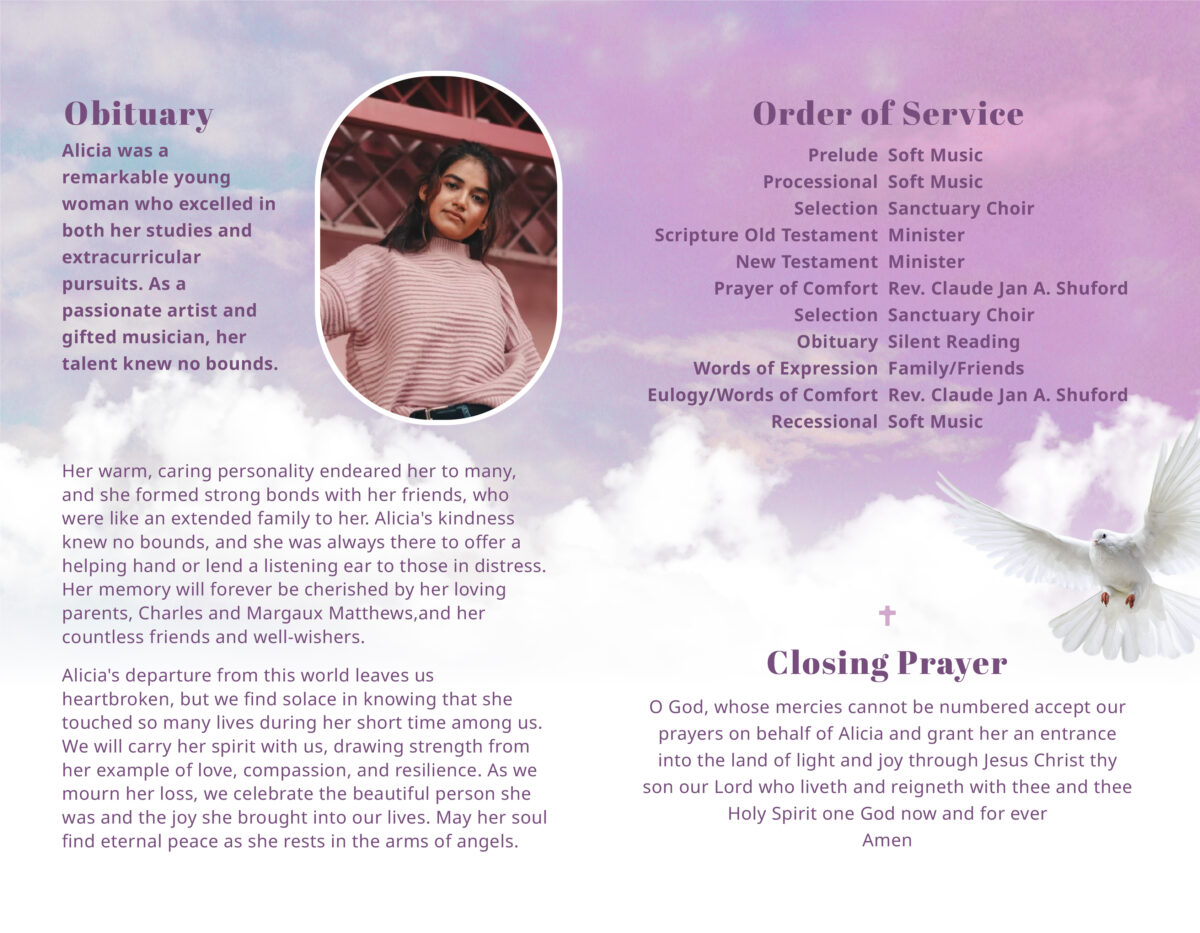 Pink Clouds Dove Funeral Memorial Program