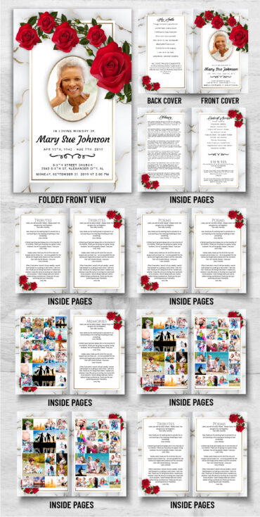 Red Roses Marble Funeral Memorial Program