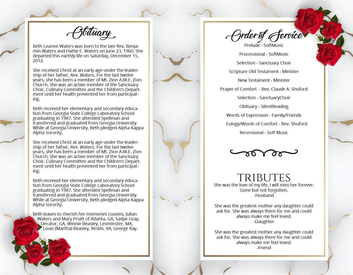 Red Roses Marble Funeral Memorial Program