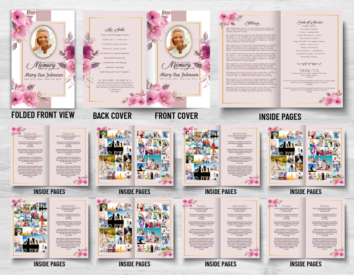 Pink Flowers Funeral Memorial Program