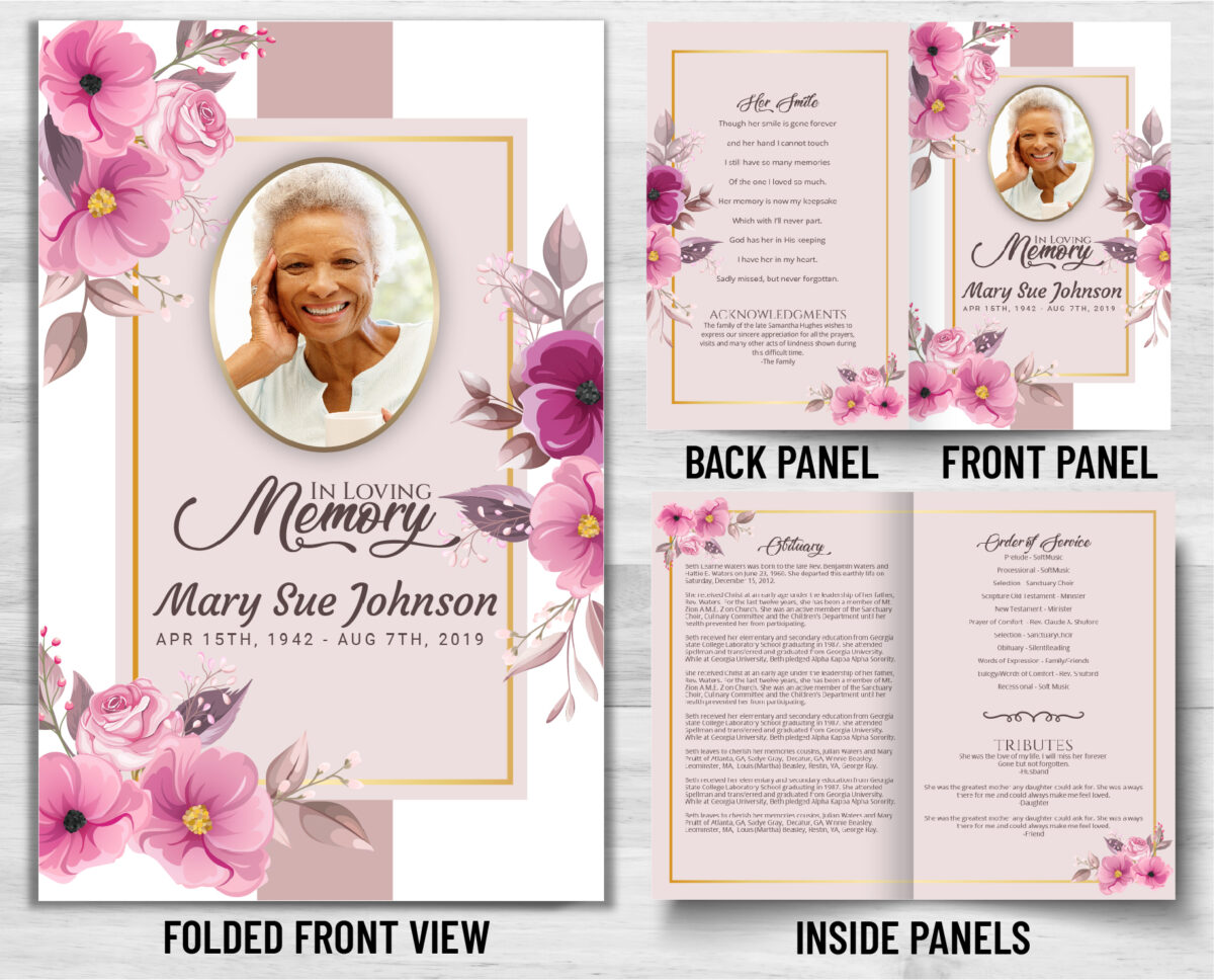 Pink Flowers Funeral Memorial Program