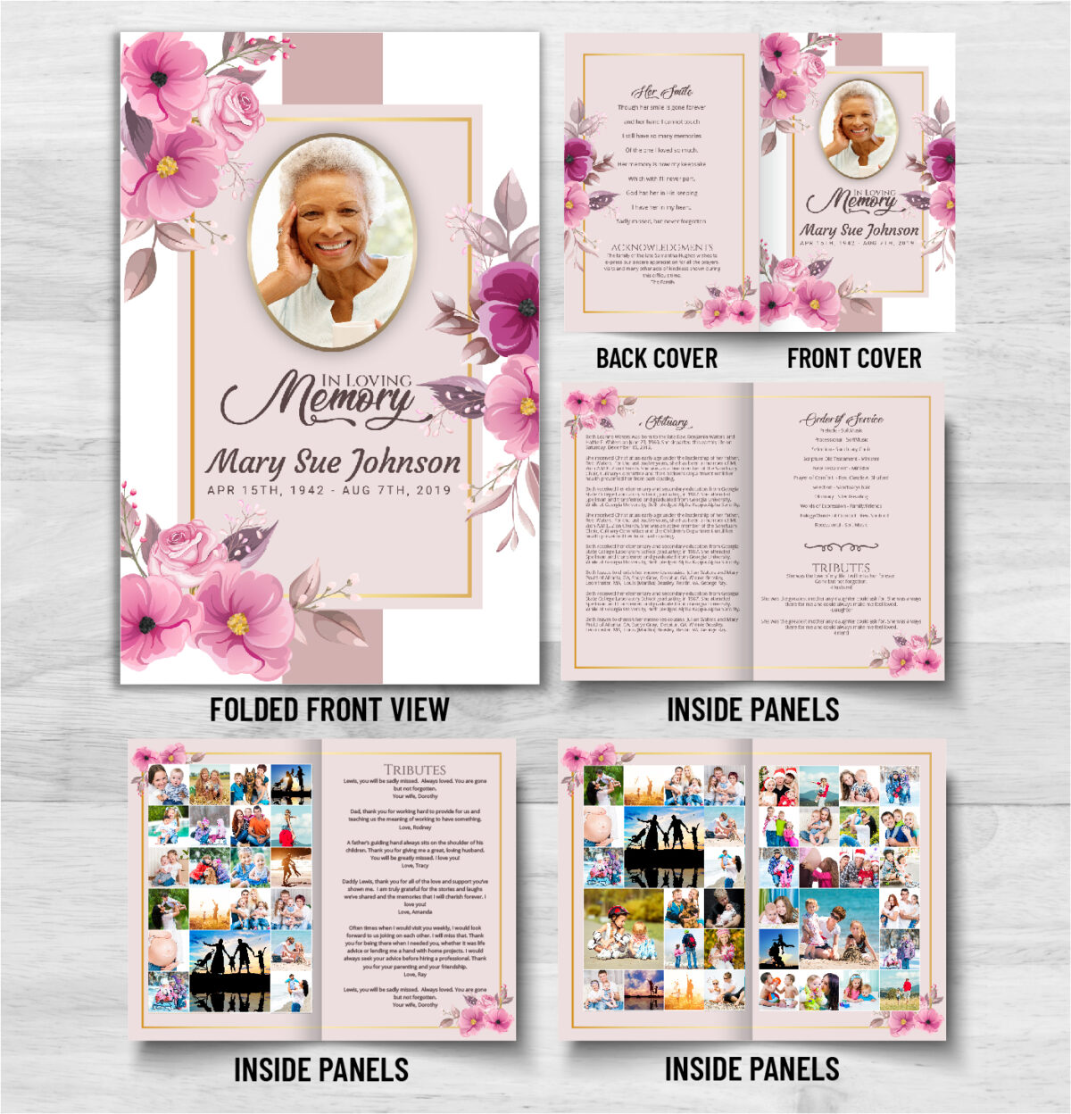 Pink Flowers Funeral Memorial Program