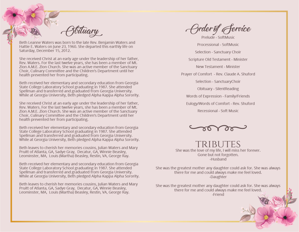 Pink Flowers Funeral Memorial Program