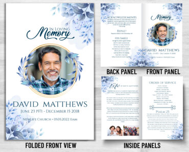 Blue Gold Leaf Funeral Memorial Program