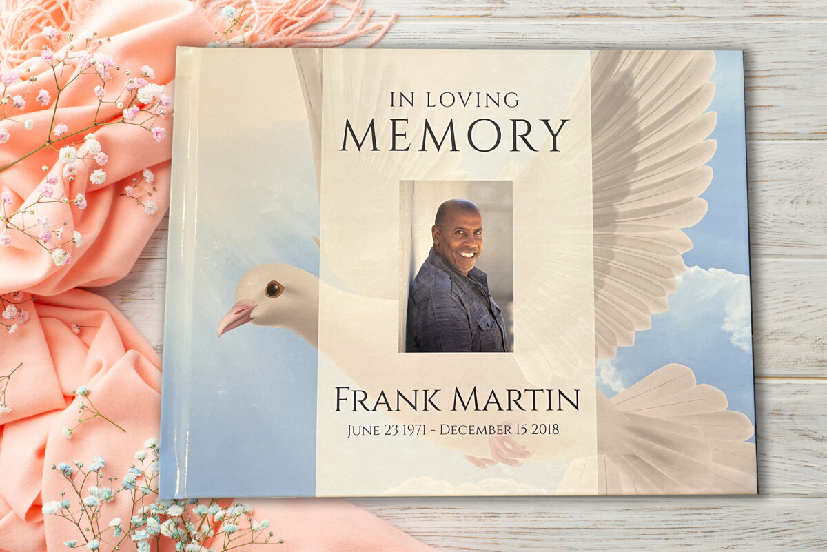 Custom Funeral Memorial Guest Book Dove Clouds Blue