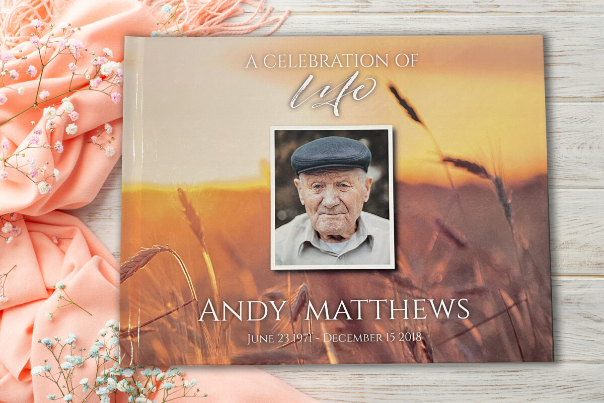 Custom Funeral Memorial Guest Book Wheat Field Sunset