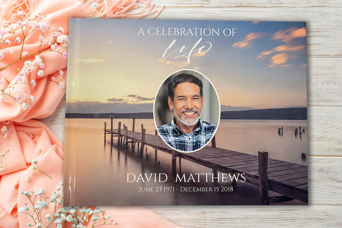 Custom Funeral Memorial Guest Book Lake Dock Sunset