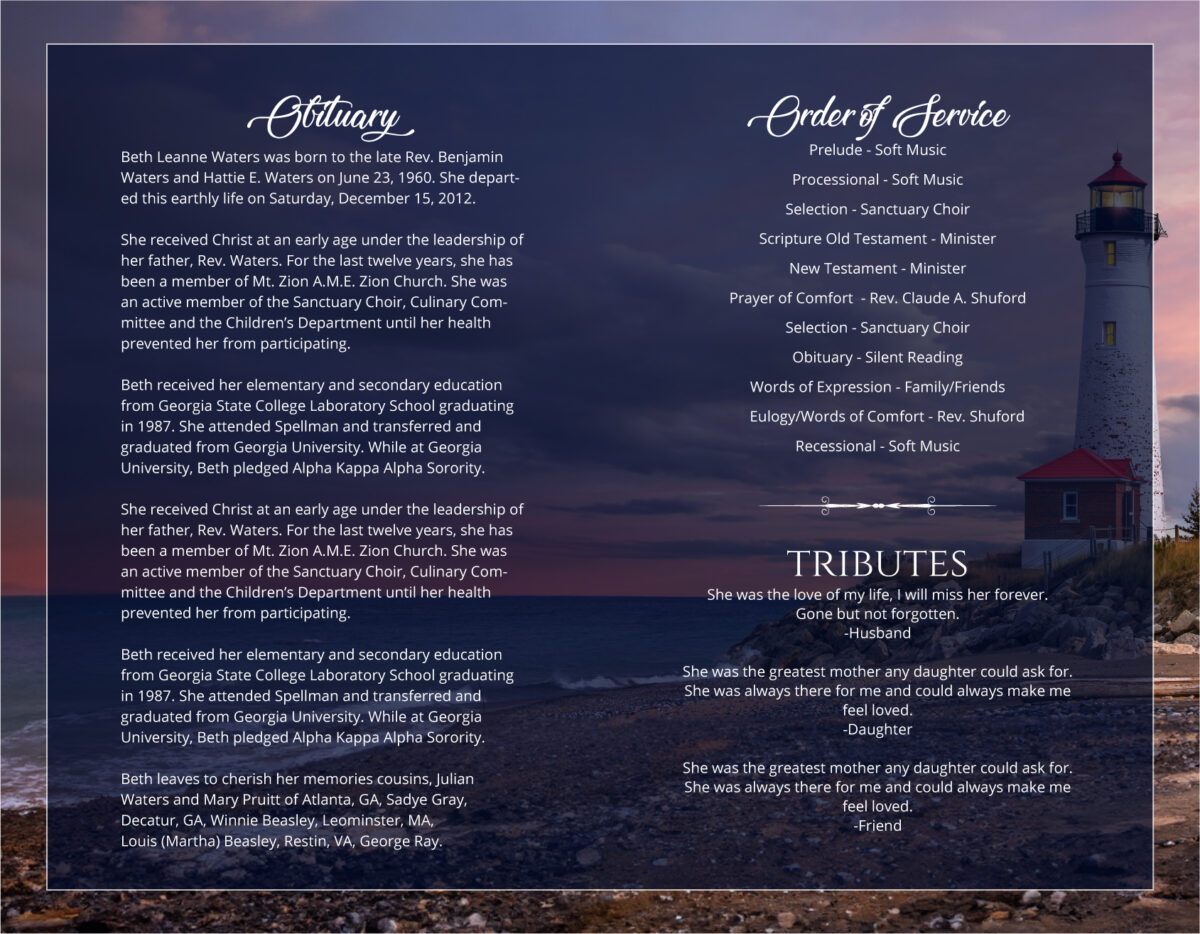 Lighthouse Ocean Funeral Memorial Program