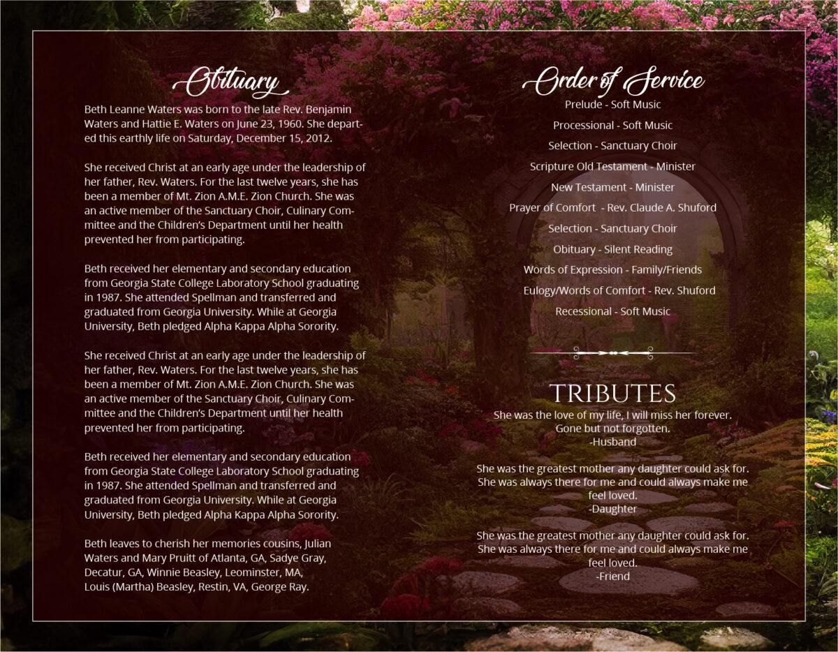 Secret Garden Funeral Memorial Program