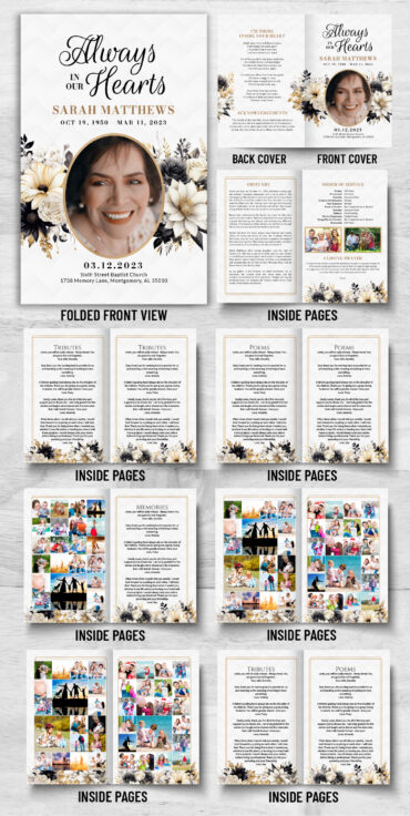 Black and Gold floral Funeral Memorial Program